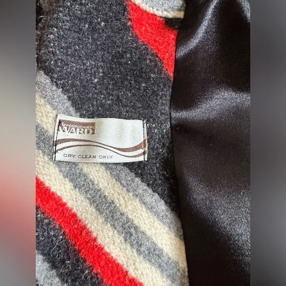 RARE Vintage 70’s Retro Boho Chevron Stripe Red Grey Black Wool Long Coat M L - Picture 8 of 10